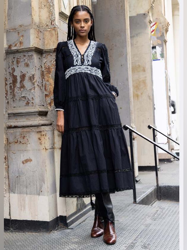 New Sea New York Cordera Embroidered Long Sleeve Dress In Black Sz: Xl